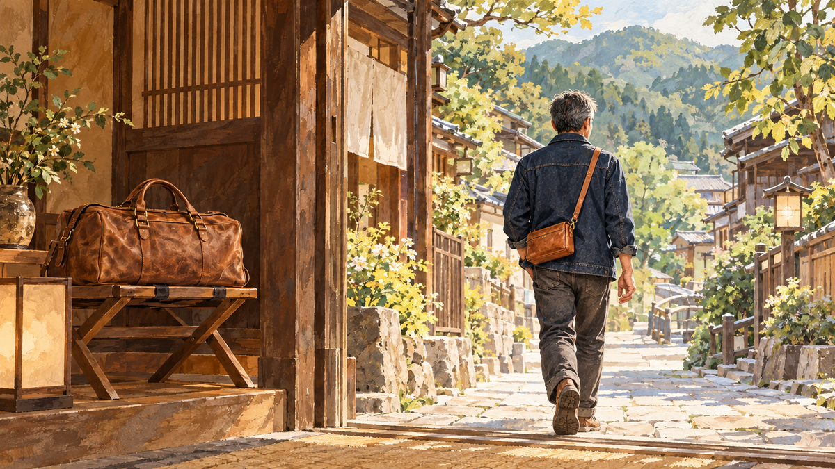 宿に旅行バッグを置き、小さなショルダーバッグで温泉街へ出かける人のイラスト