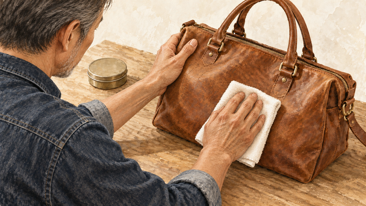 閉じたケア用品の缶を傍らに置き、革バッグを乾拭きするイラスト