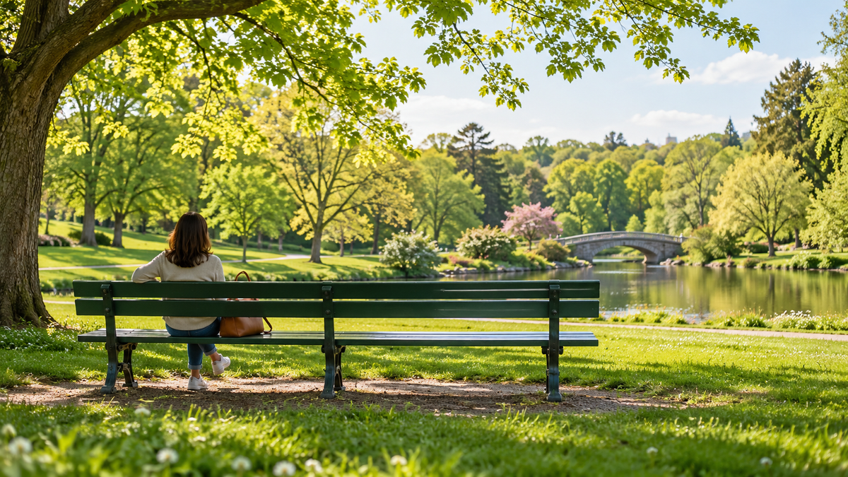 新緑の公園のベンチで小さなバッグと過ごす休日(イメージ)