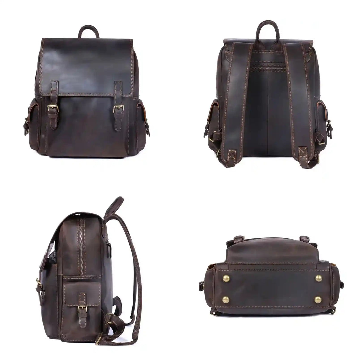 Sac à dos en cuir crazy horse — Modèle AU — Vue de face; Vue de dos; Vue de côté; Vue du dessous