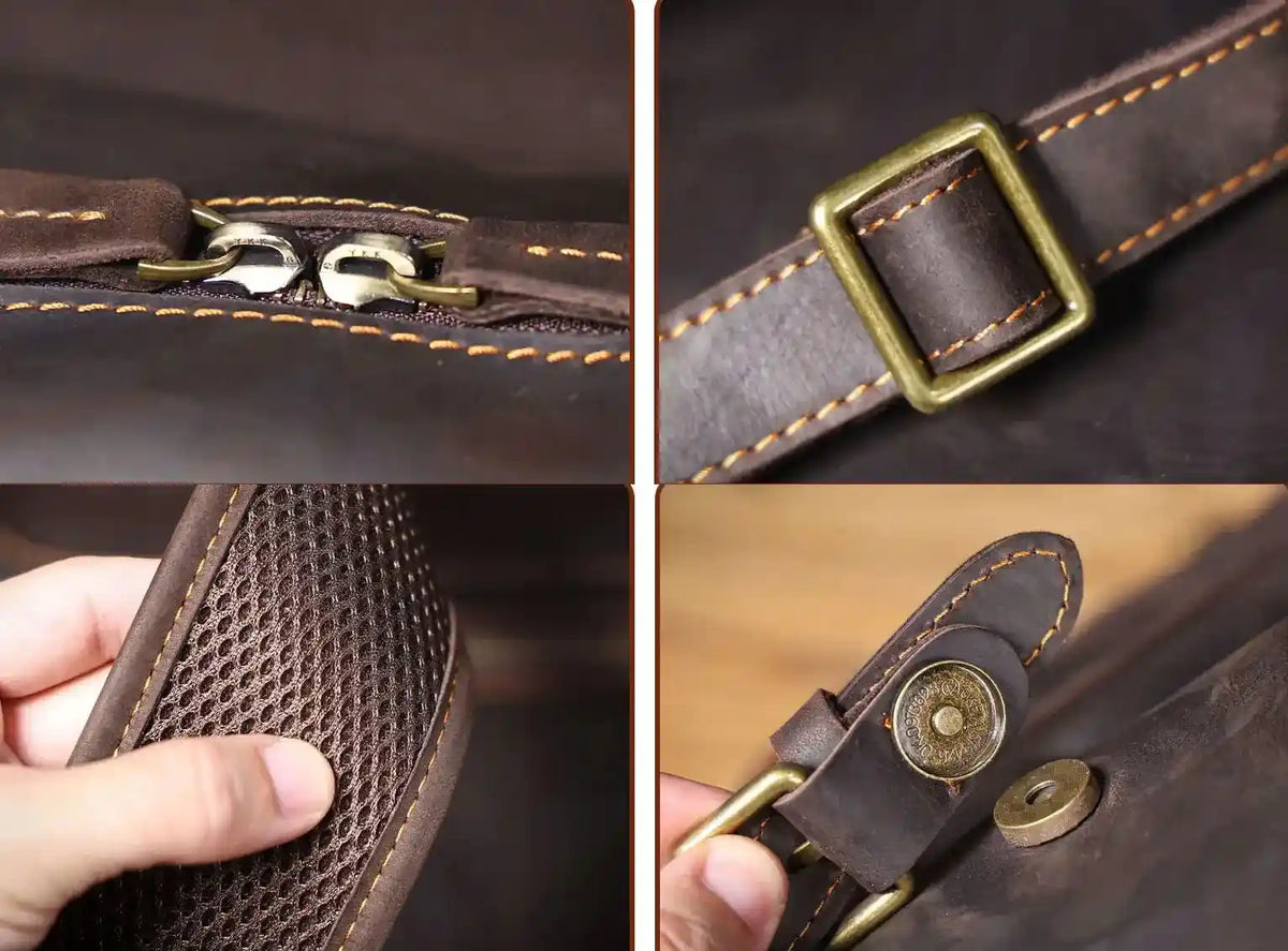 Sac à dos en cuir crazy horse — Modèle AU — Vue de dos; Détails des pièces métalliques et des attaches