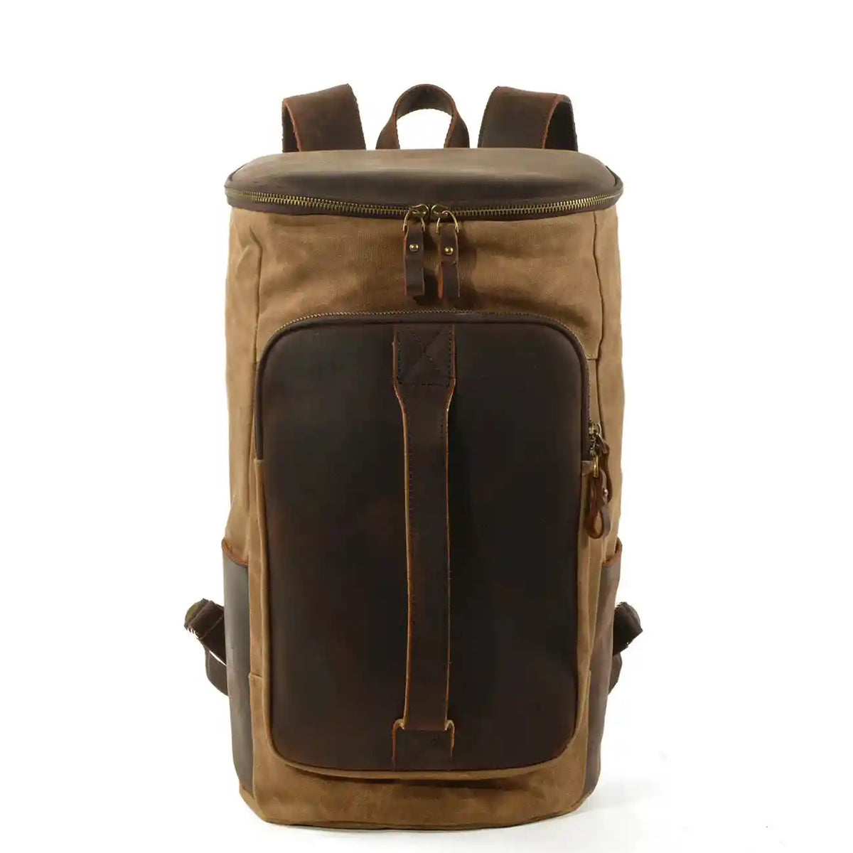 Rucksack aus gewachstem Canvas und Leder — Modell J — Vorderansicht; Rückansicht