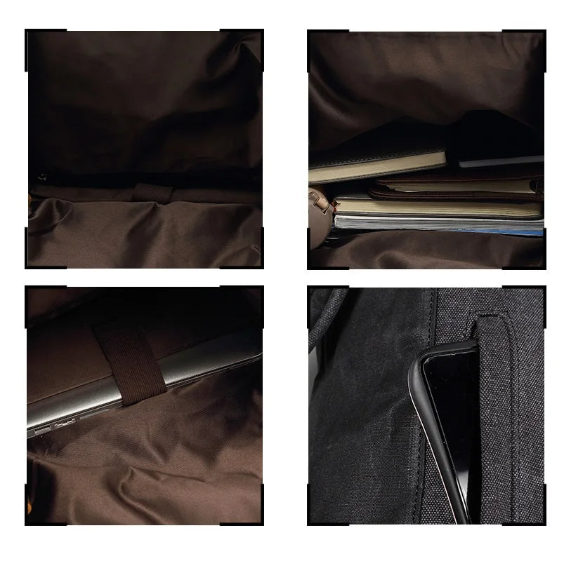 Rucksack aus gewachstem Canvas und Leder — Modell C — Innenansicht; Beispiel für die Aufbewahrung
