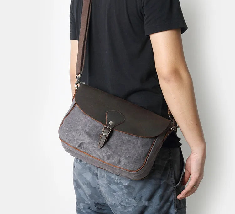 Waxed Canvas & Leather Shoulder Bag — Style D — Shown in use