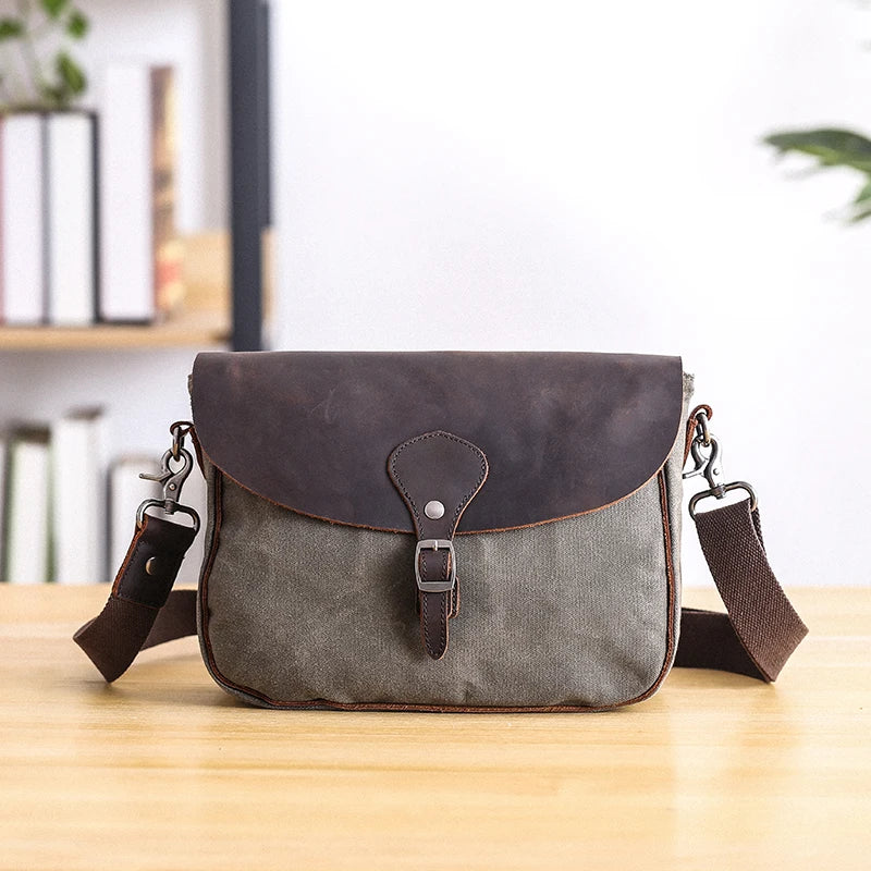 Waxed Canvas & Leather Shoulder Bag — Style D — Base view; Strap details