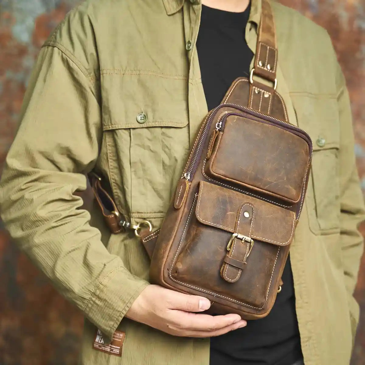 Crazy Horse Leather Crossbody Bag — Style T — Shown in use