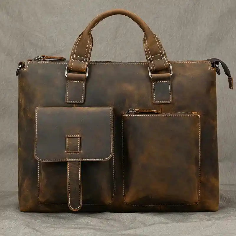 Bolso de hombro de cuero crazy horse — Modelo AP — Vista frontal; Detalles de la cremallera; Detalles de los bolsillos
