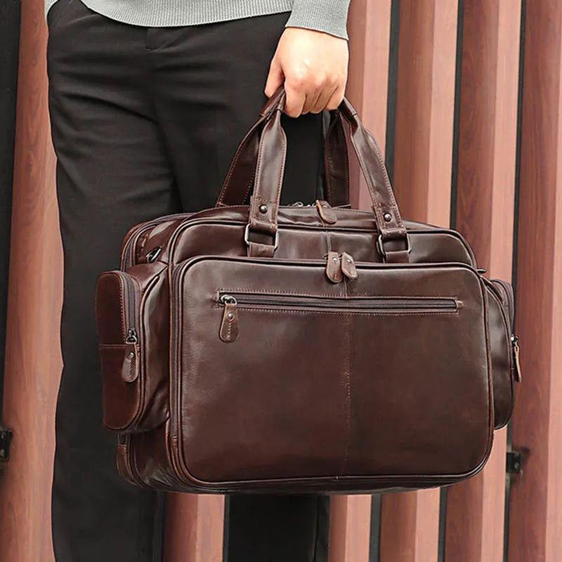 Cowhide Briefcase with Shoulder Strap — Style C — Brown; Shown in use