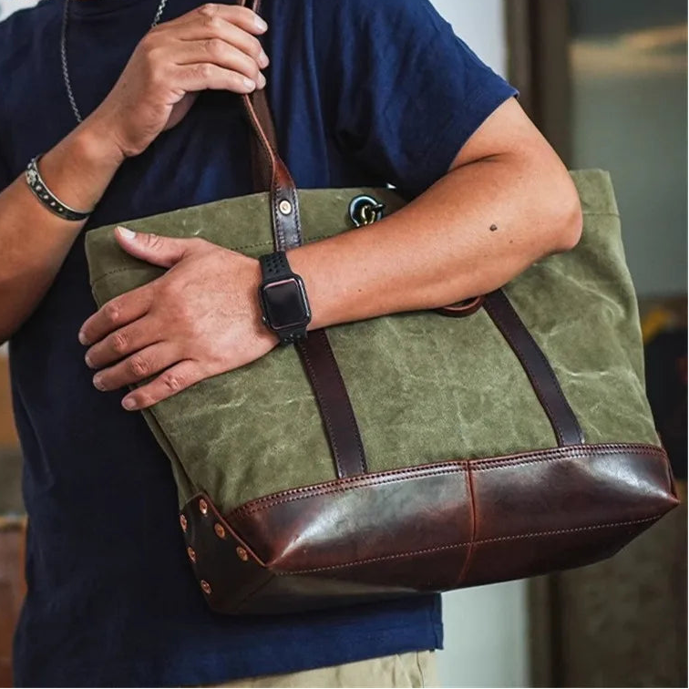 Tote-Bag aus gewaschenem Canvas und Leder