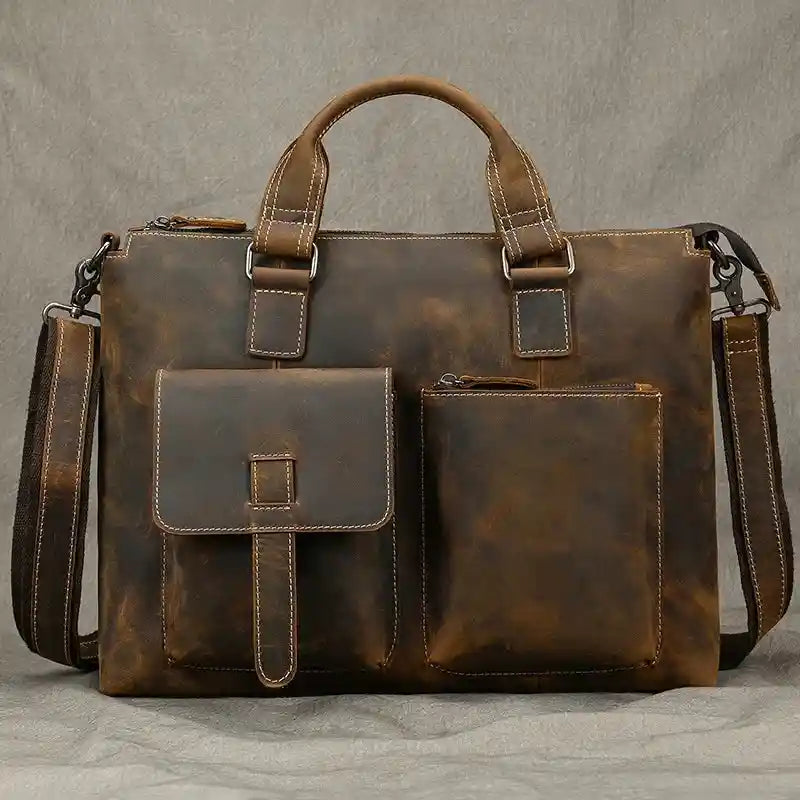 Bolso de hombro de cuero crazy horse — Modelo AP — Vista frontal; Detalles de la correa; Detalles de los bolsillos