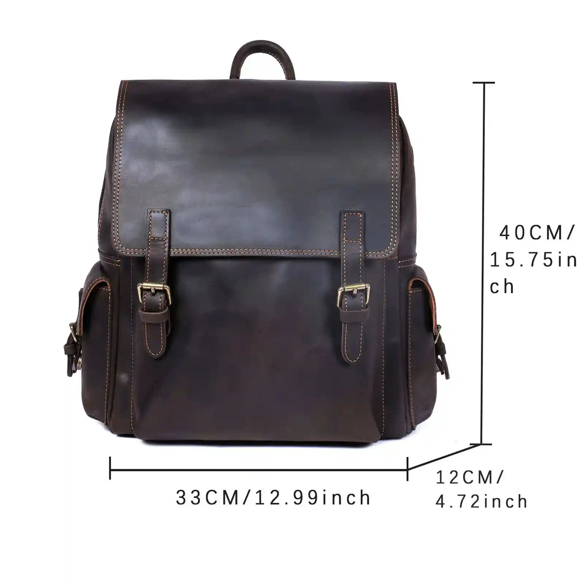 Sac à dos en cuir crazy horse — Modèle AU — Repère de dimensions; Exemple de rangement; 40cm×33cm×12cm