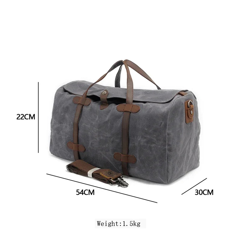 Duffle-Bag aus gewachstem Canvas und Leder — Modell D — Größenangaben; 54cm / 22cm / 30cm / 1,5kg