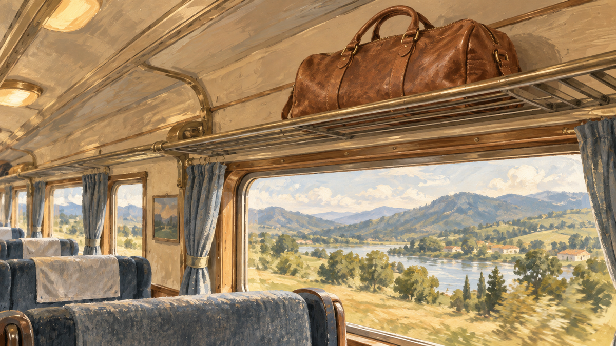 列車の荷物棚に置いた革の旅行バッグと車窓の風景のイラスト