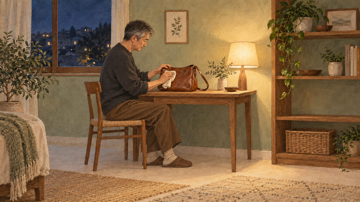 夜の部屋で革バッグを乾拭きして整える人のイラスト
