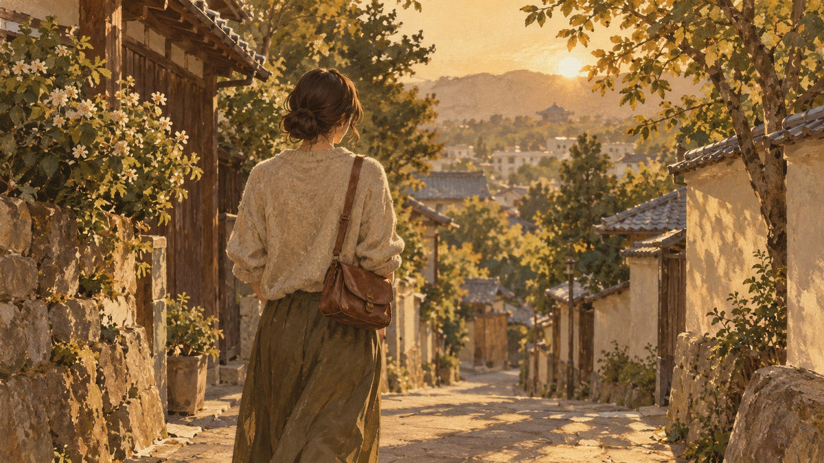 革のバッグを持って路地を歩く人のイラスト