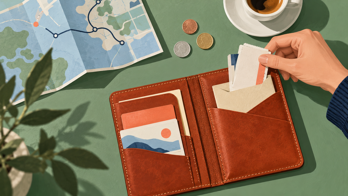 旅の財布とチケット・小銭を整理するイラスト