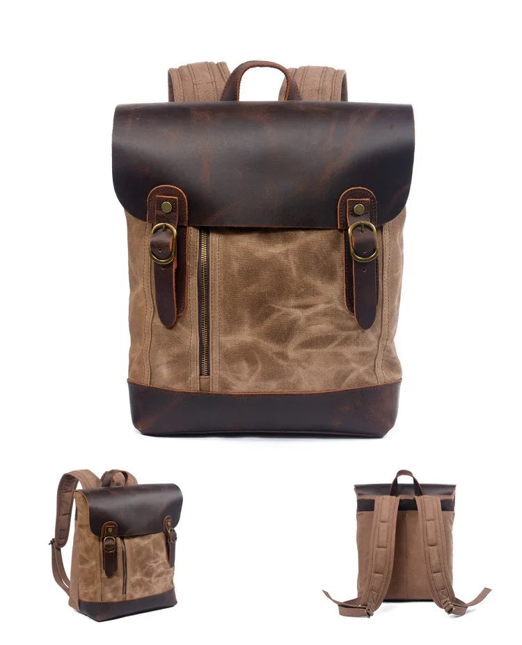 Waxed Canvas Backpack with Leather Details — Style C