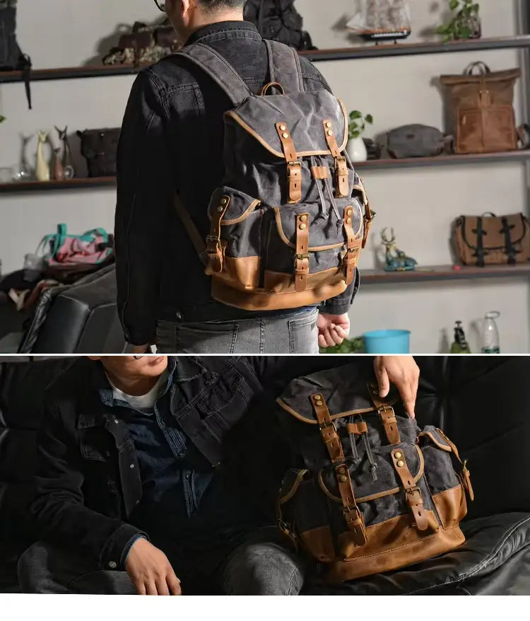 Rucksack aus gewachstem Canvas und Leder — Modell H — Detailansicht 1