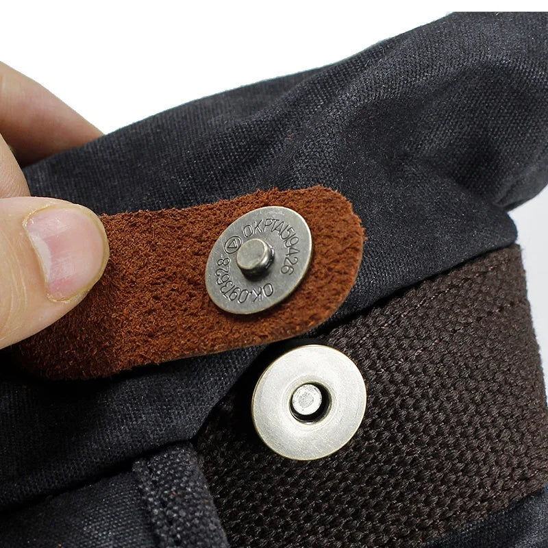 Rucksack aus gewachstem Canvas und Leder — Modell C — Details zu Beschlägen und Verschlüssen
