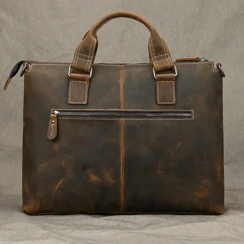 Bolso de hombro de cuero crazy horse — Modelo AP — Vista posterior; Detalles de la cremallera; Detalles de los bolsillos