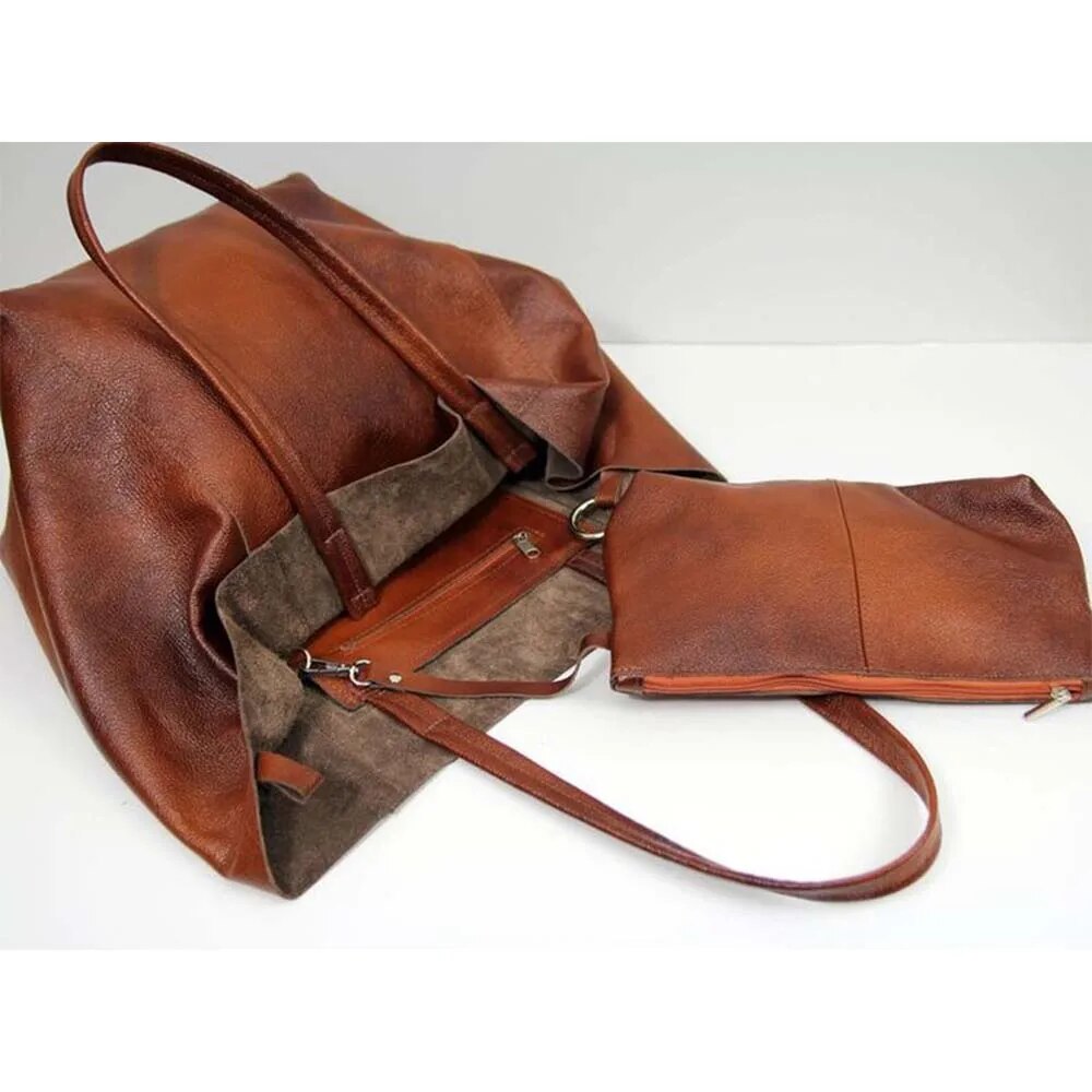 กระเป๋าสะพายไหล่ขนาดใหญ่พร้อมคลัตช์เข้าชุด หนังสังเคราะห์ PU — รุ่น A — ภาพด้านใน; รายละเอียดกระเป๋าใบเล็ก
