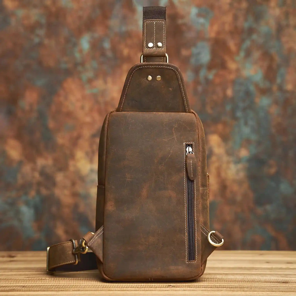 Crazy Horse Leather Crossbody Bag — Style T — Back view; Zip details; Pocket details