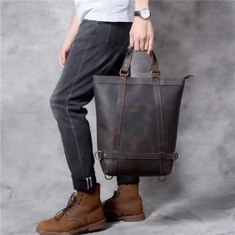 Crazy Horse Leather 3-Way Tote — Style K