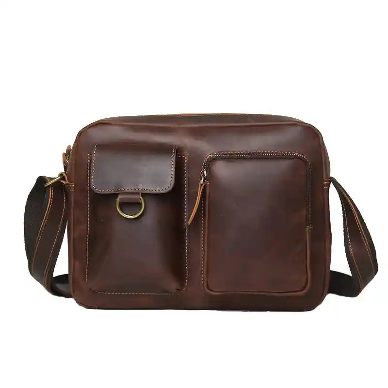 Crazy Horse Leather Shoulder Bag — Style AQ — Front view; Pocket details