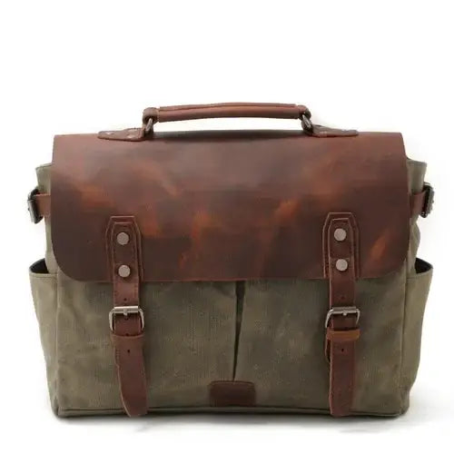 Crazy Horse Leather Waterproof Canvas Shoulder Bag_C