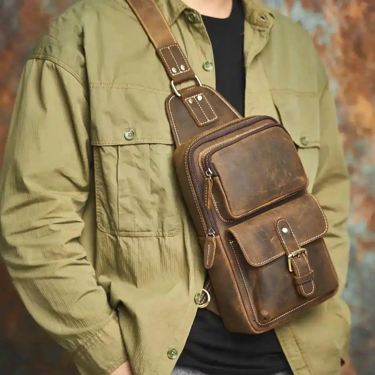 Crazy Horse Leather Crossbody Bag — Style T — Shown in use
