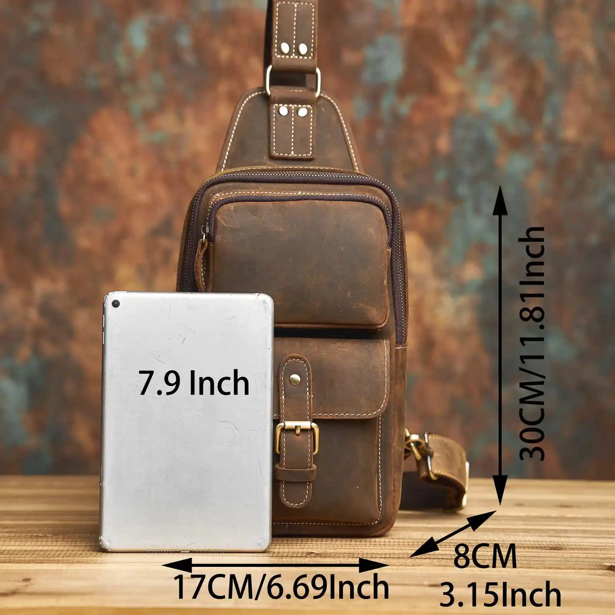 Crazy Horse Leather Crossbody Bag — Style T — Size reference; Storage example; 7.9 in