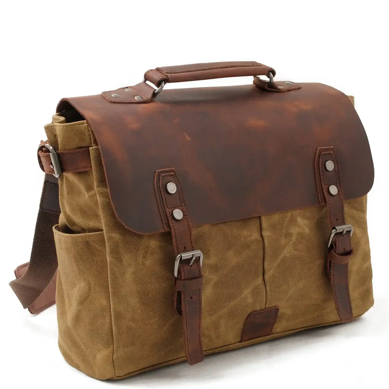 Crazy Horse Leather Waterproof Canvas Shoulder Bag_C