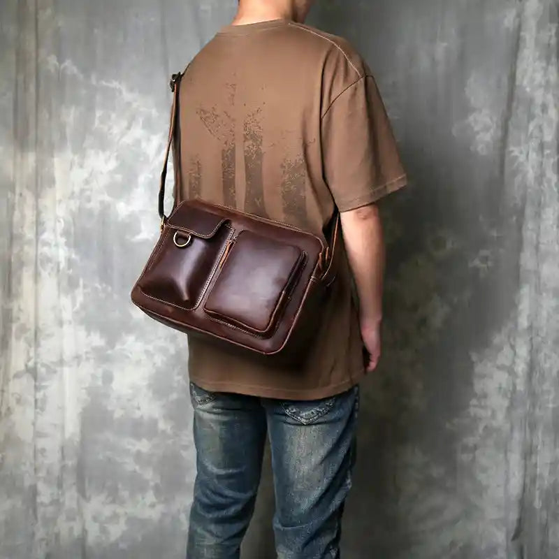 Crazy Horse Leather Shoulder Bag — Style AQ — Shown in use; Back view