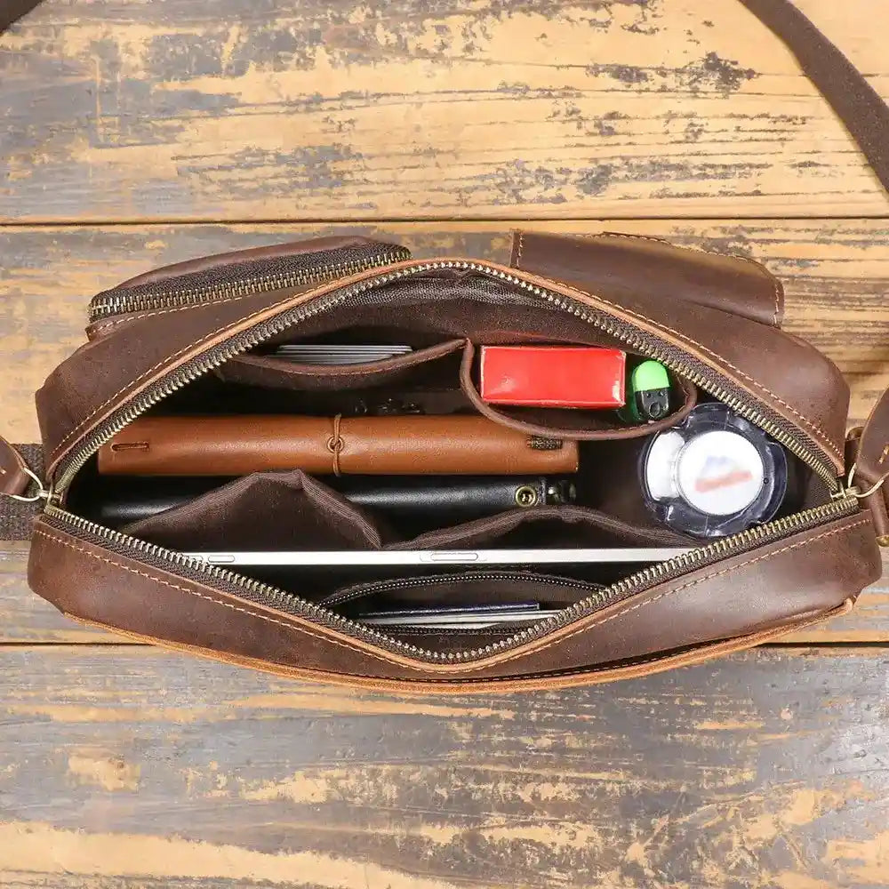 Crazy Horse Leather Shoulder Bag — Style AQ — Interior view; Pocket details