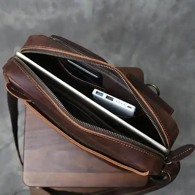 Crazy Horse Leather Shoulder Bag — Style AQ — Interior view; Storage example