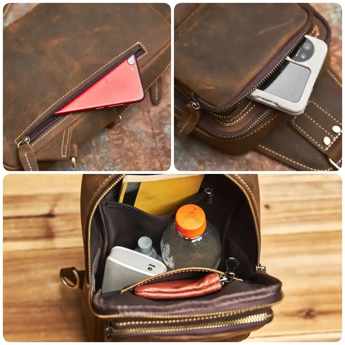Crazy Horse Leather Crossbody Bag — Style T — Storage example