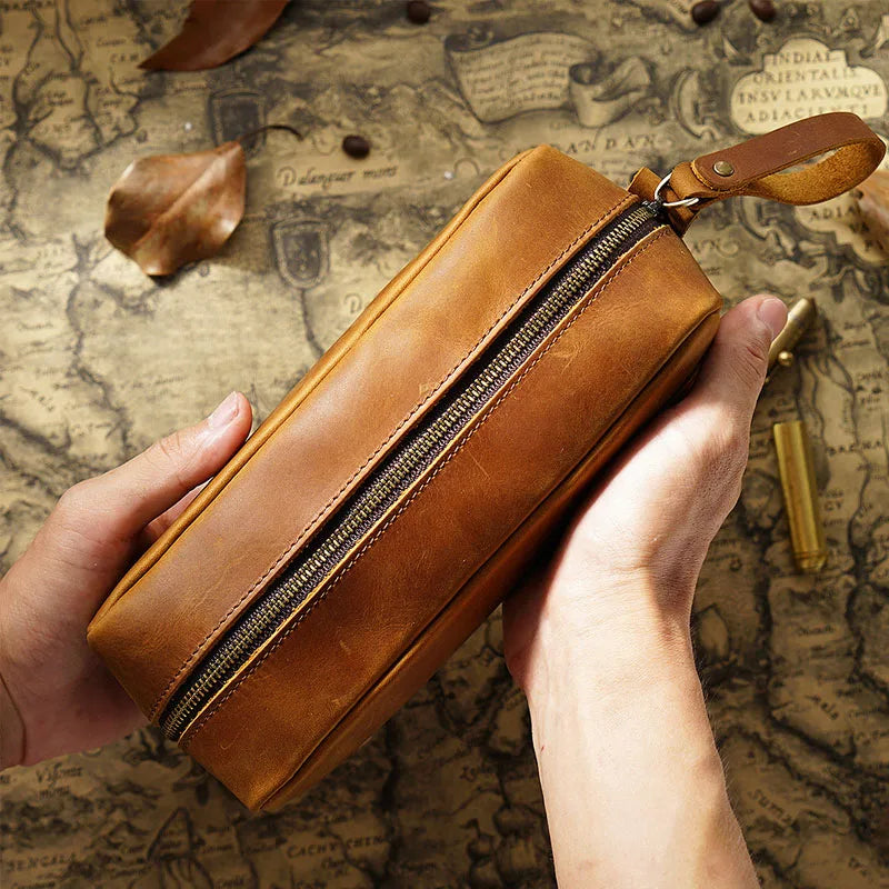 Sac à crayon à feuilles vache en première couche carrée carrée rétro folle en cuir à cheval éclair