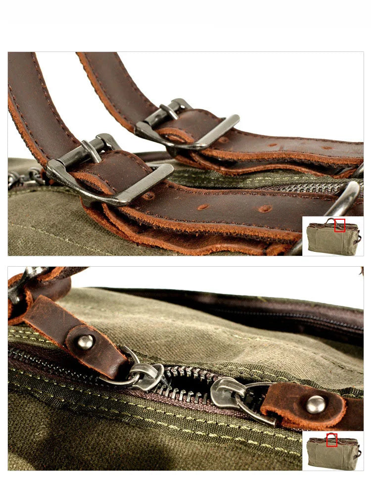 Saco duffel em lona encerada e pele — Modelo C — Imagem de detalhe